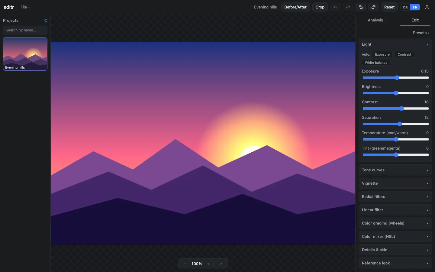 The editr web editor: a landscape picture in the middle, the project list on the left and the light controls on the right.